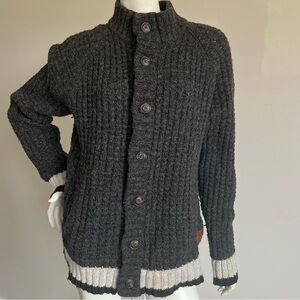 Roots Cabin Cozy Gray Button-Up Cardigan with Elbow Patch Detail